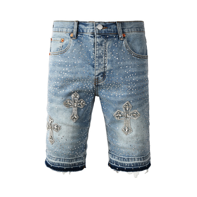 Purple Brand Crystal Diamond Denim Shorts #5098